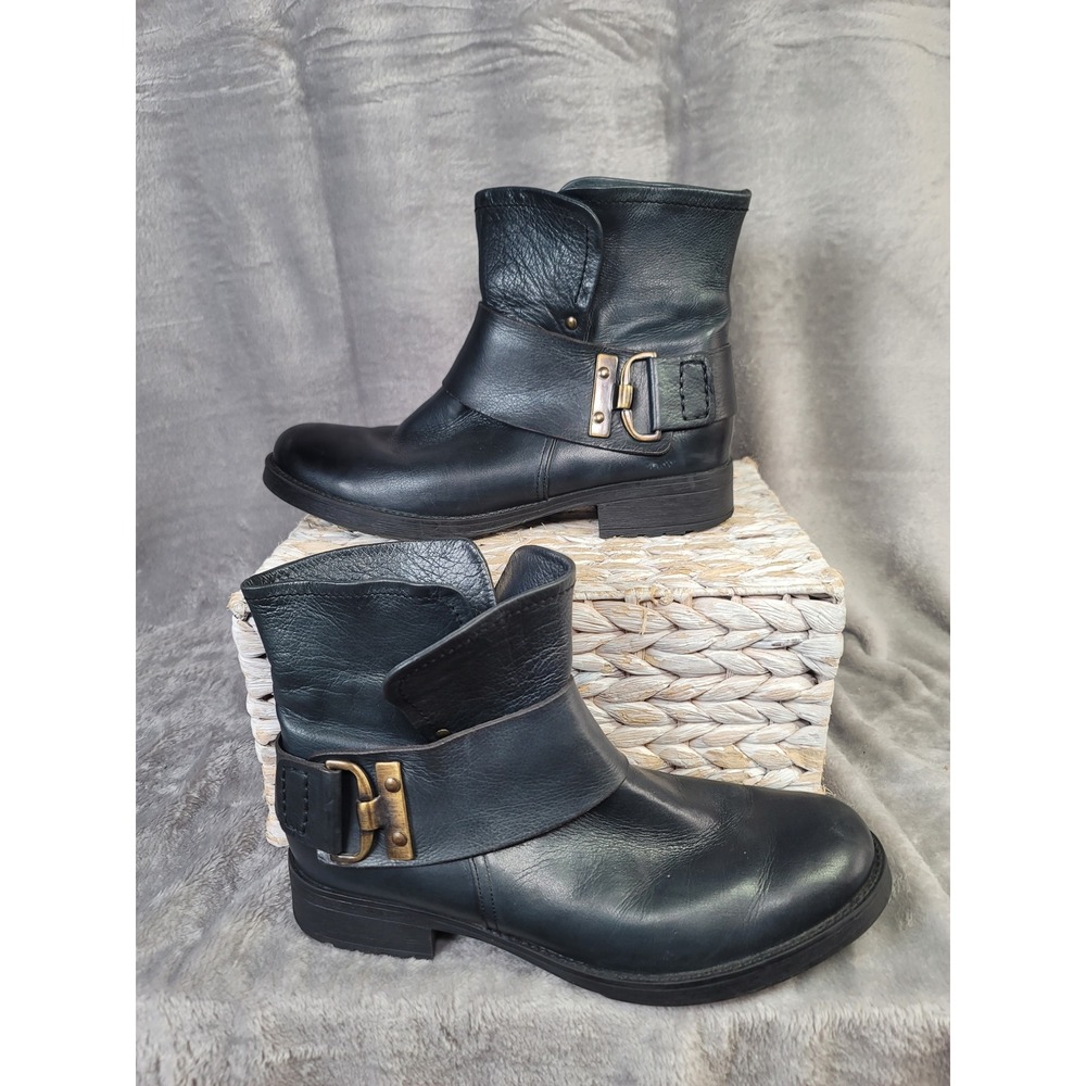Vtg Italian La Linea Black Leather Moto  Boots Buckle Lug Sole Indie Sleaze 9.5